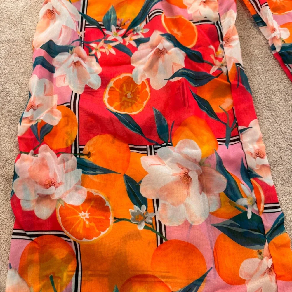 Boohoo Floral Citrus Print Wide Leg Sheer Beach Trousers Tropical Summer Sz 12 - Picture 4 of 12